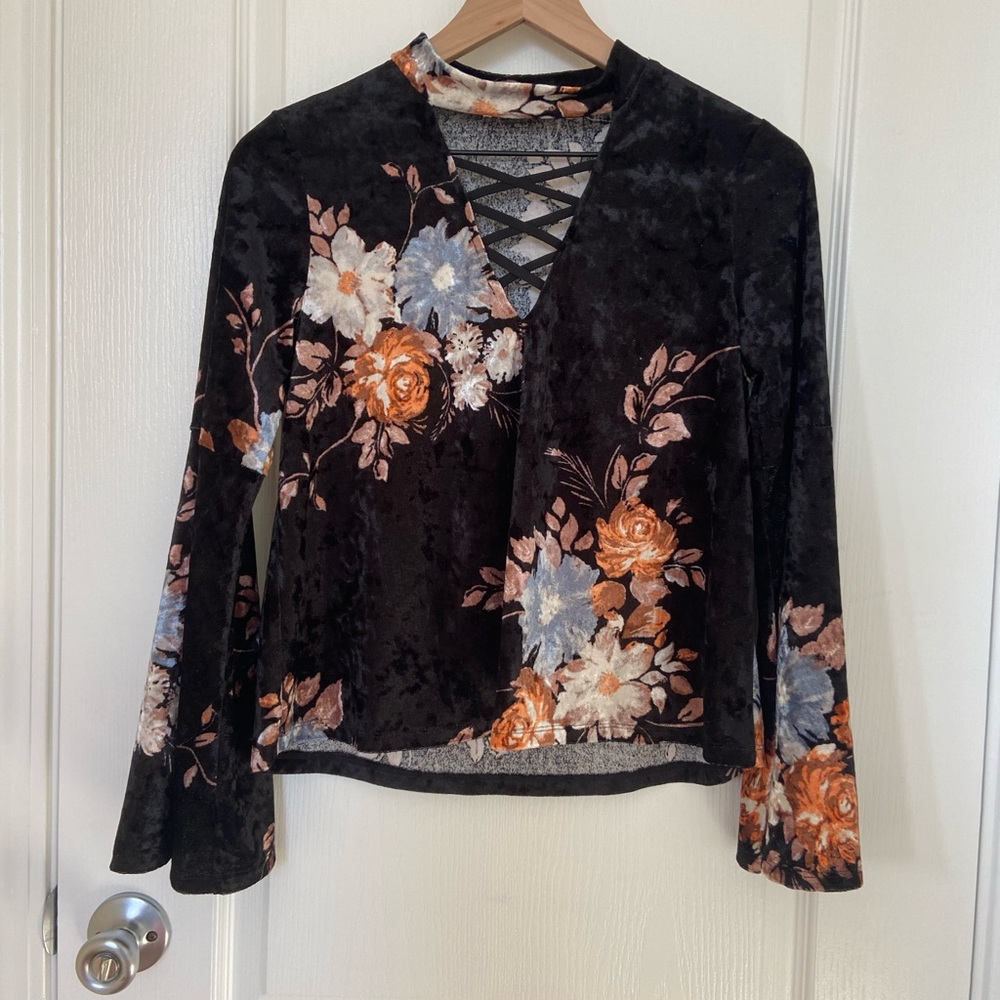 Elegant Floral Velvet Blouse with Criss-Cross Neckline